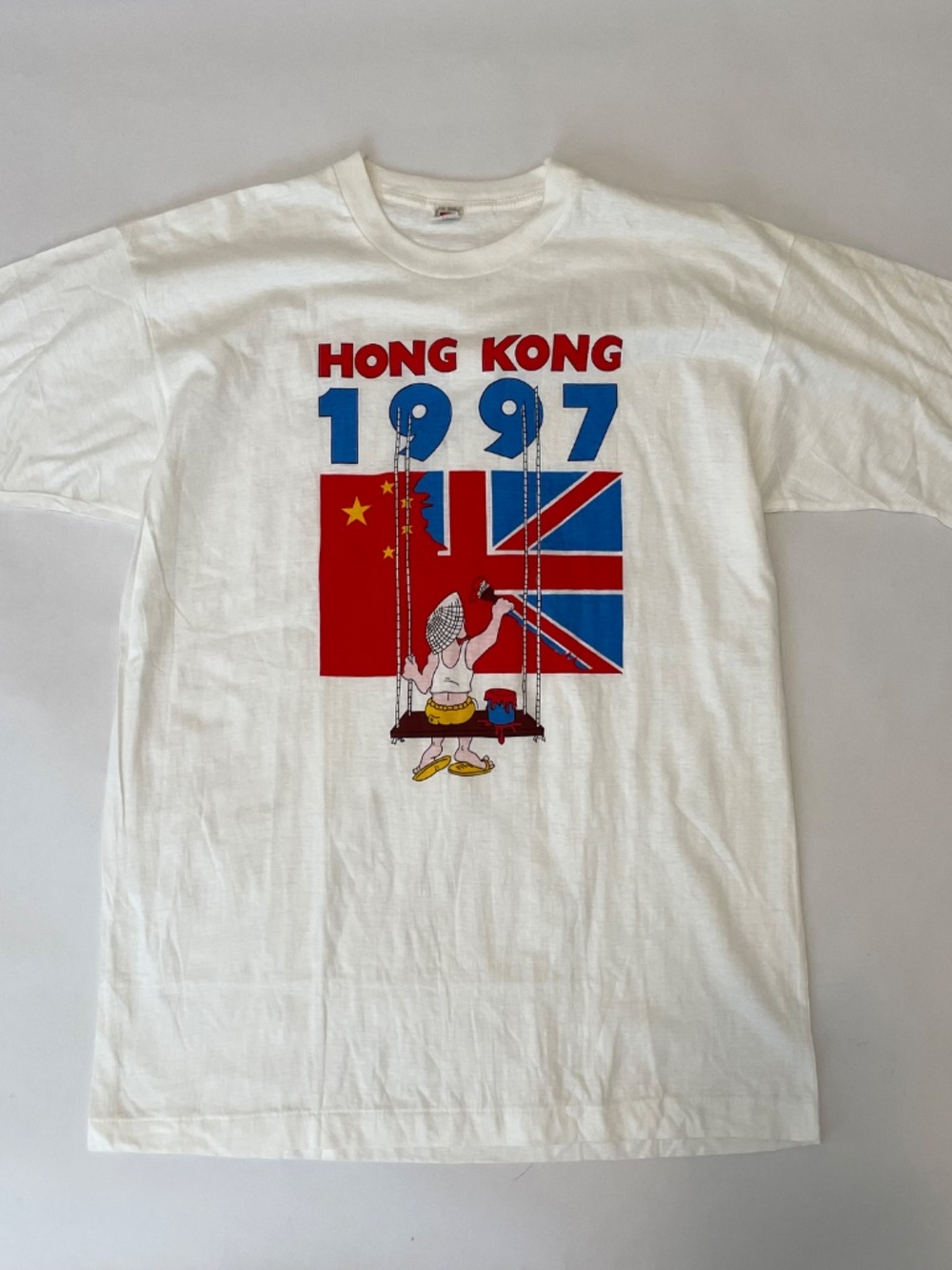 Vintage Hong Kong 1997 100% Cotton White Graphic Tee Mens Large Single Stitch